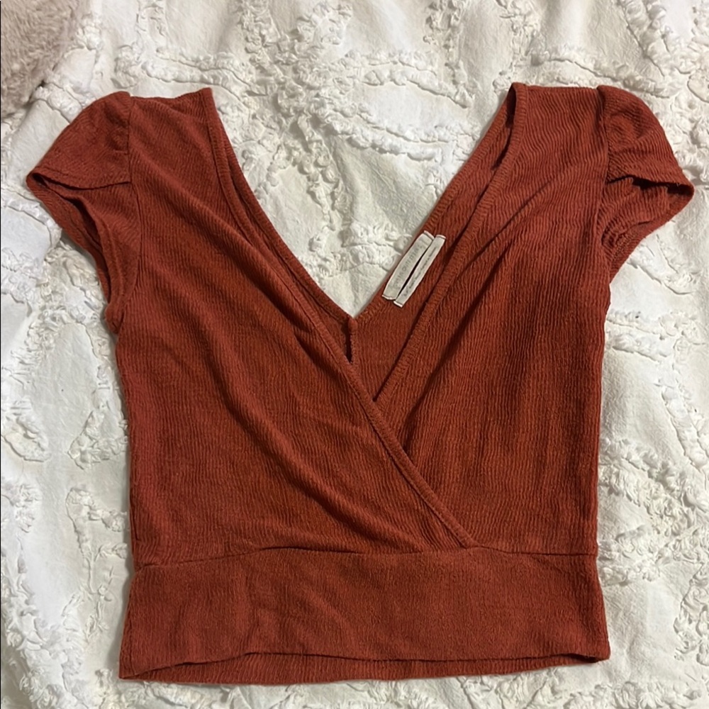 Rust Wrap Front Ribbed Top - Women